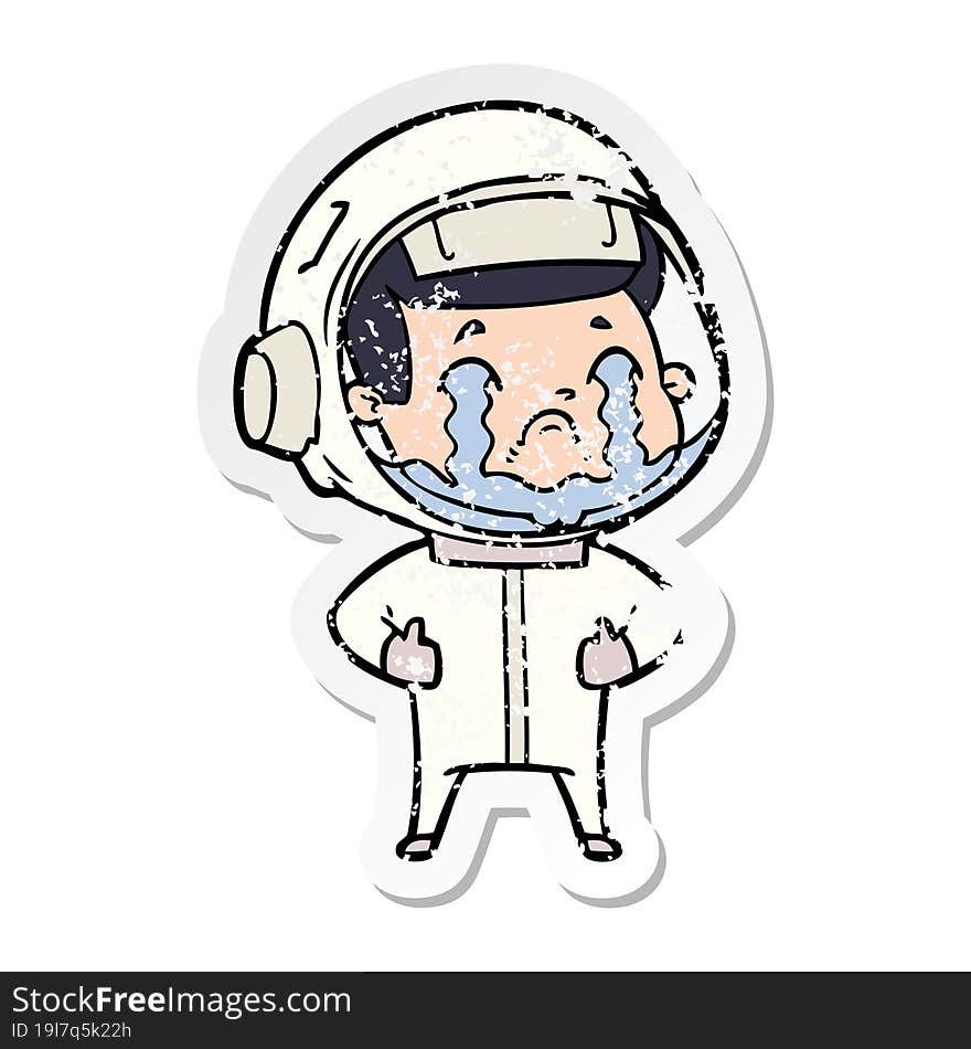 distressed sticker of a cartoon crying astronaut