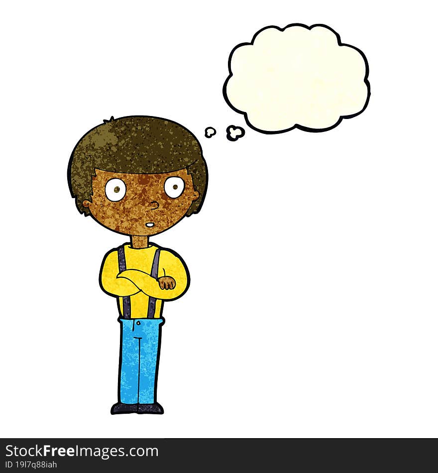 cartoon staring boy with folded arms with thought bubble