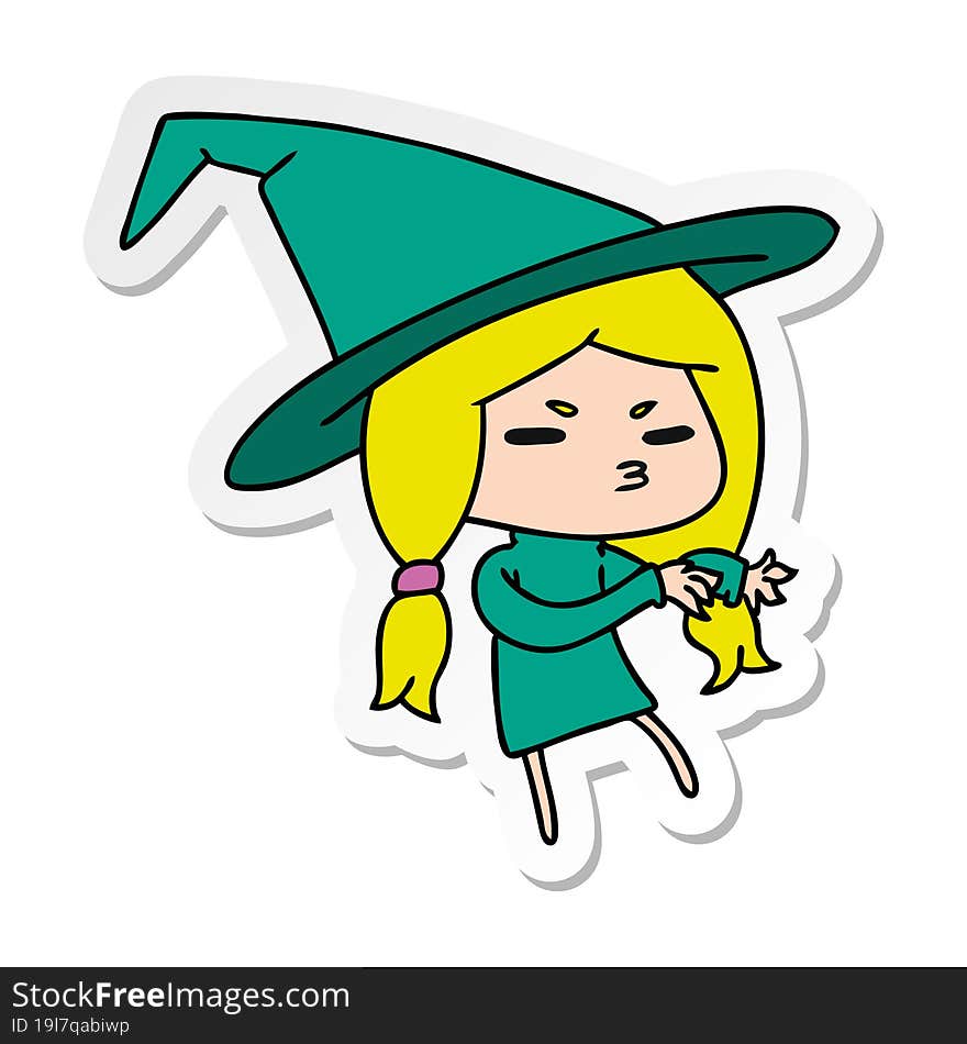 sticker cartoon illustration of a cute witch kawaii girl. sticker cartoon illustration of a cute witch kawaii girl