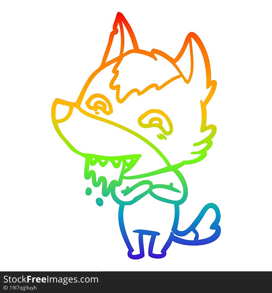 rainbow gradient line drawing of a cartoon hungry wolf