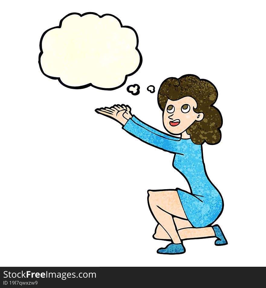 cartoon woman presentation gesture with thought bubble