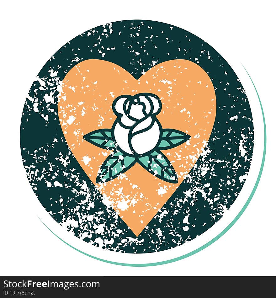 iconic distressed sticker tattoo style image of a heart and flowers. iconic distressed sticker tattoo style image of a heart and flowers