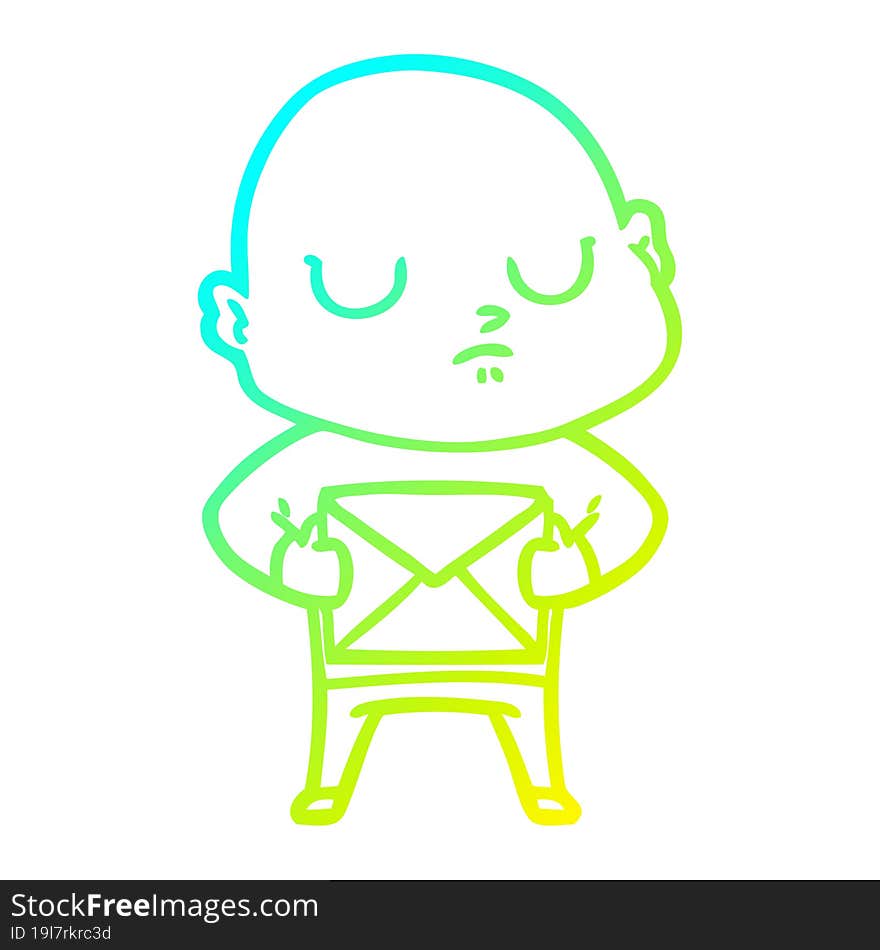 cold gradient line drawing of a cartoon bald man