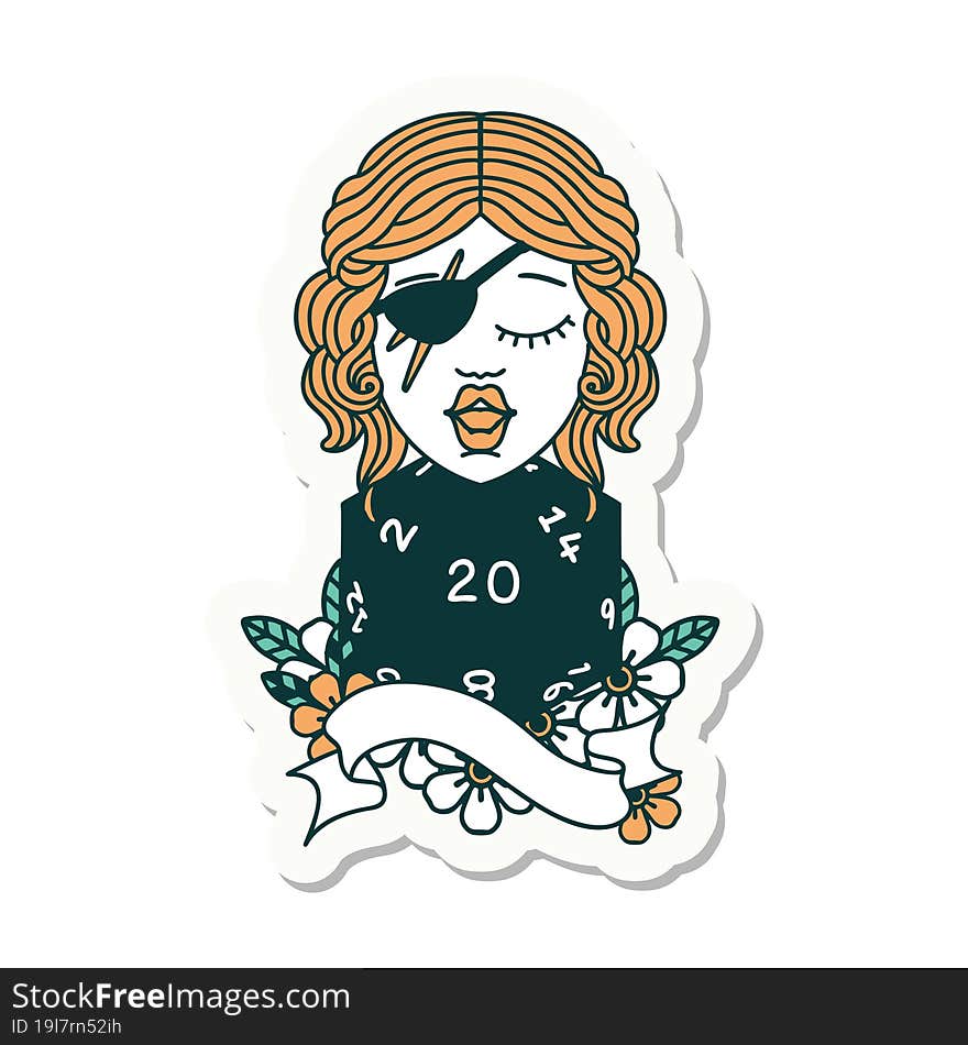 sticker of a human rogue with natural 20 dice roll. sticker of a human rogue with natural 20 dice roll