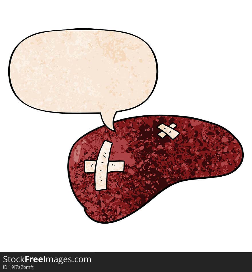 cartoon repaired liver with speech bubble in retro texture style