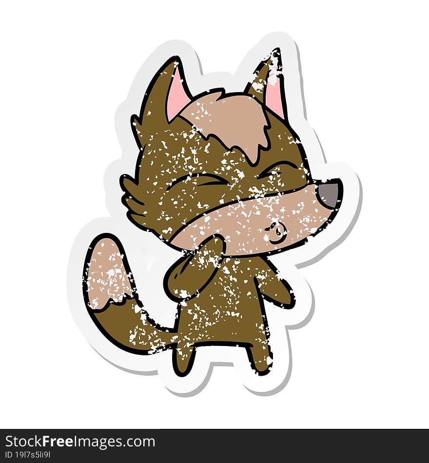 distressed sticker of a cartoon wolf whistling