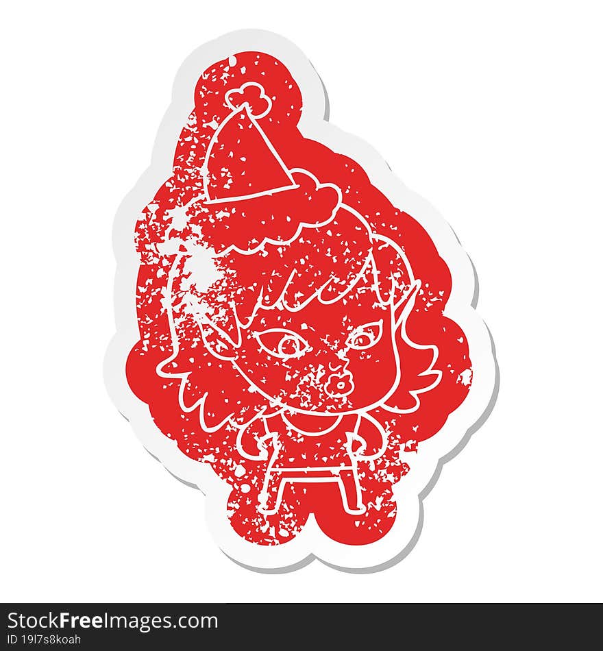 pretty cartoon distressed sticker of a elf girl wearing santa hat