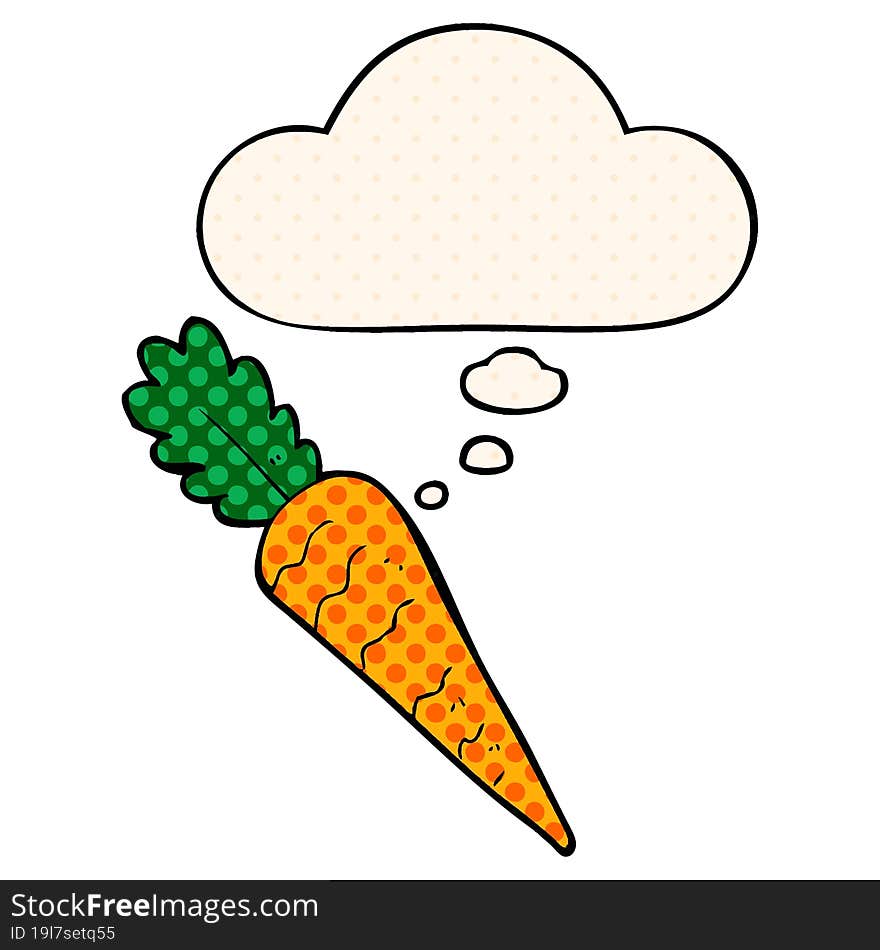 cartoon carrot with thought bubble in comic book style