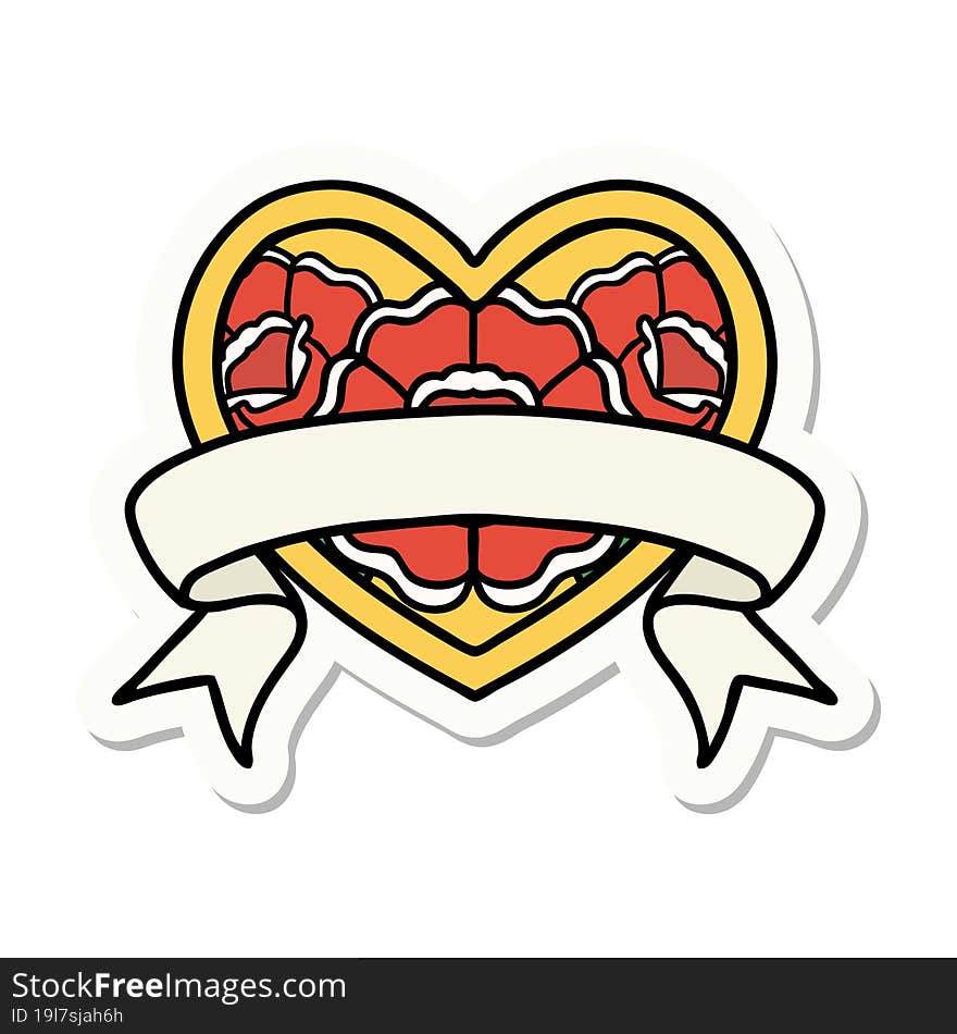 sticker of tattoo in traditional style of a heart and banner with flowers. sticker of tattoo in traditional style of a heart and banner with flowers