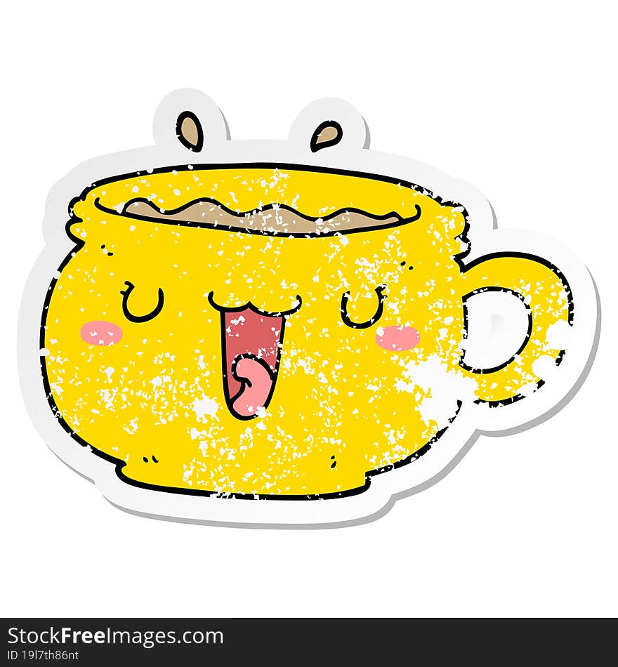 Distressed Sticker Of A Cute Cartoon Coffee Cup