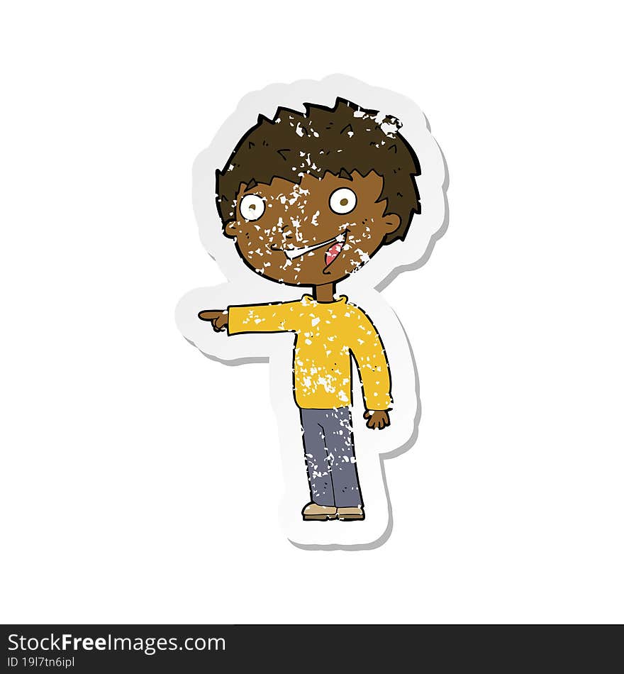 retro distressed sticker of a cartoon happy boy laughing