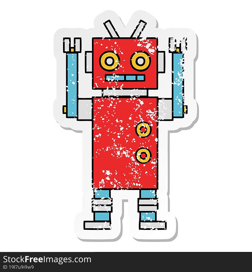 distressed sticker of a cute cartoon dancing robot