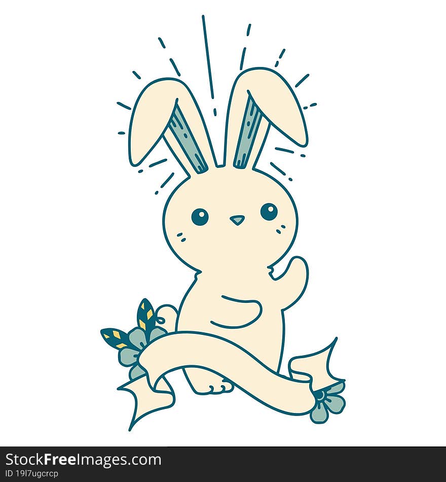 scroll banner with tattoo style cute bunny