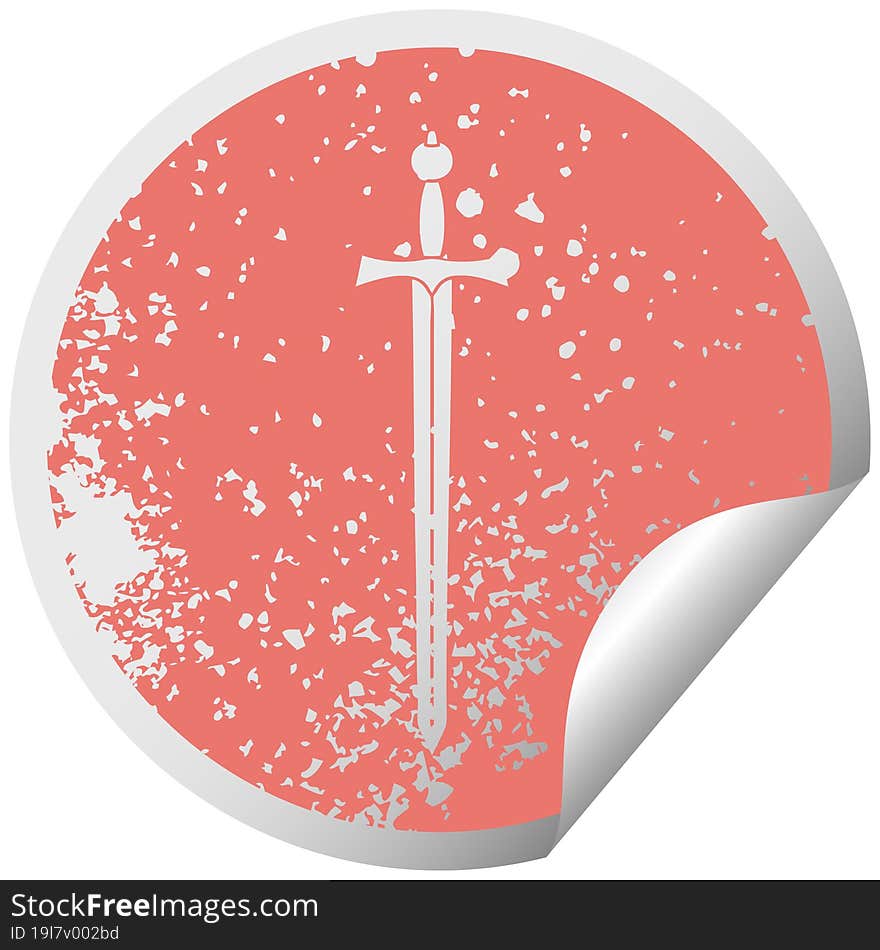 quirky distressed circular peeling sticker symbol sword