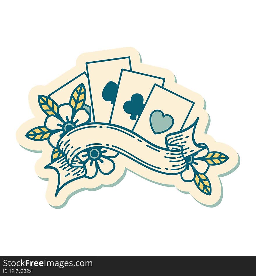 tattoo style sticker of cards and banner