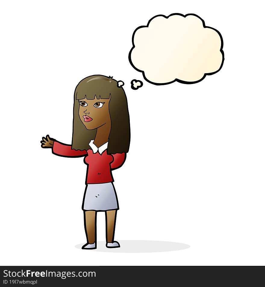 Cartoon Woman Gesturing To Show Something With Thought Bubble