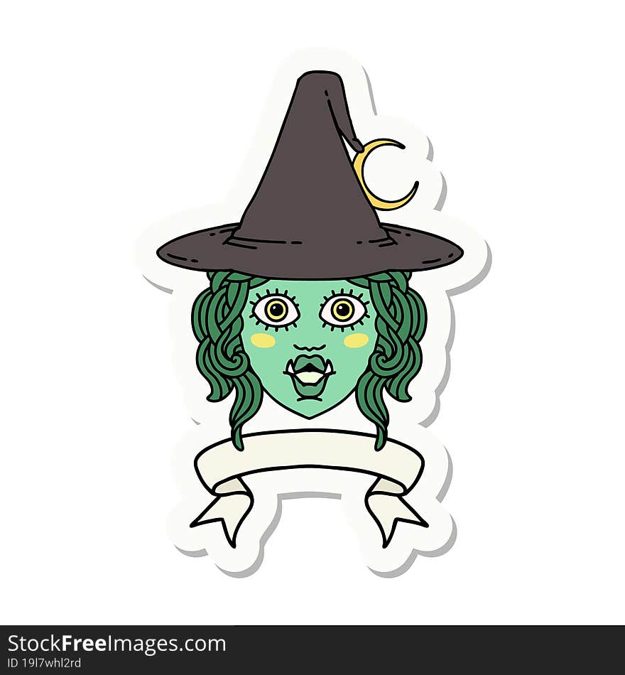 sticker of a half orc witch character face with banner. sticker of a half orc witch character face with banner