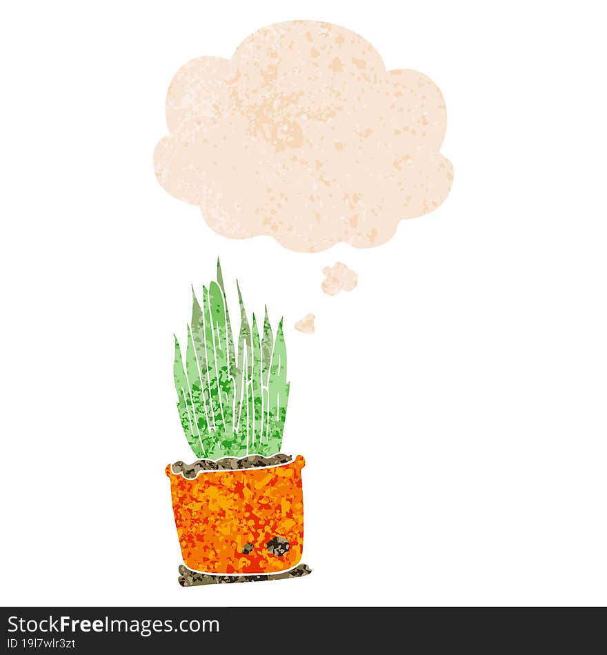 Cartoon House Plant And Thought Bubble In Retro Textured Style