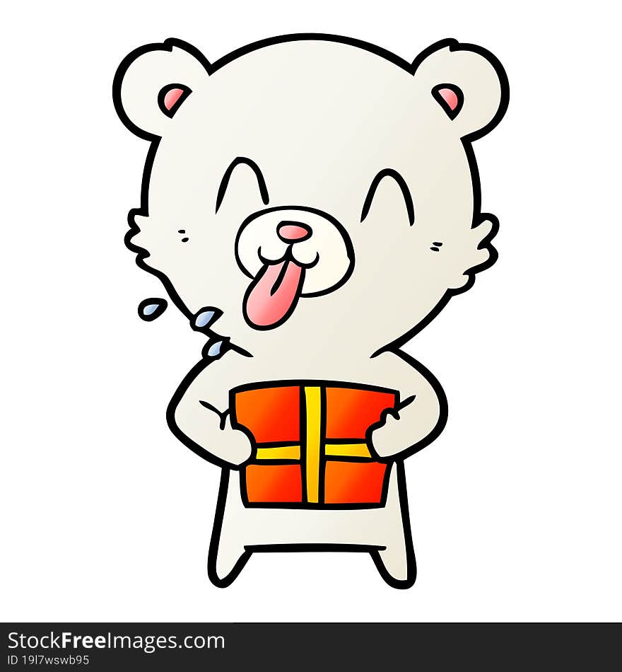 rude cartoon polar bear sticking out tongue with present. rude cartoon polar bear sticking out tongue with present