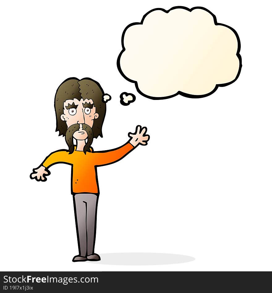 cartoon waving man with mustache with thought bubble