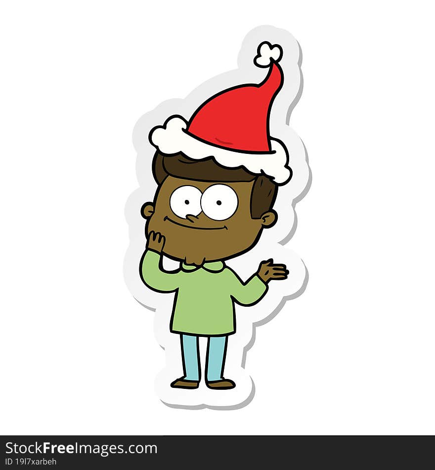 hand drawn sticker cartoon of a happy man wearing santa hat