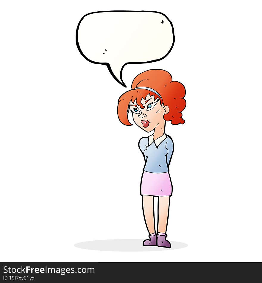 cartoon pretty girl tilting head with speech bubble