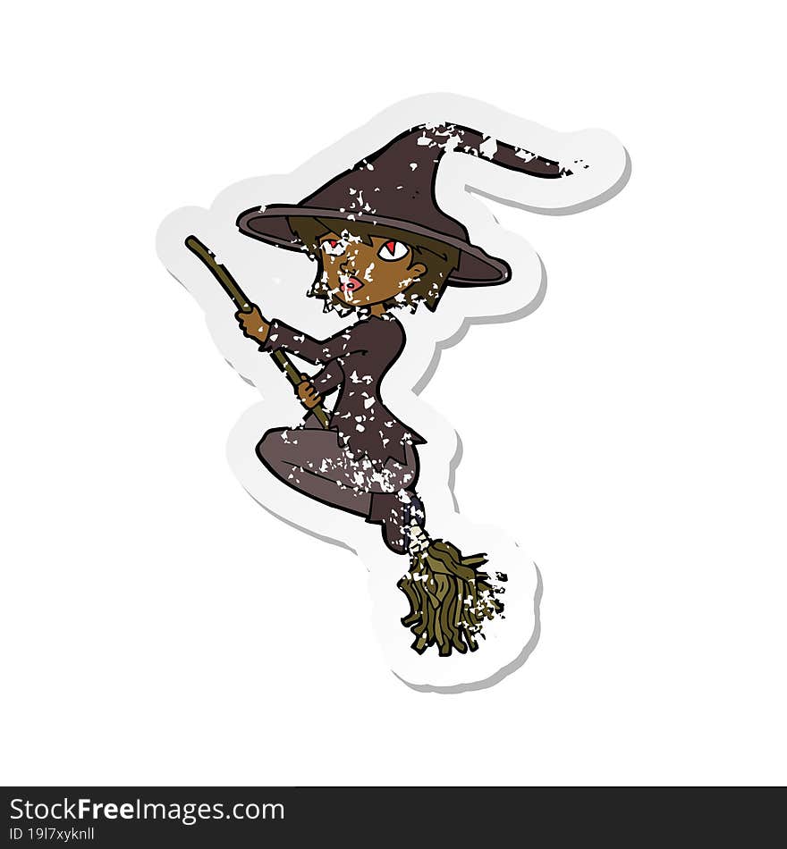 retro distressed sticker of a cartoon witch riding broomstick