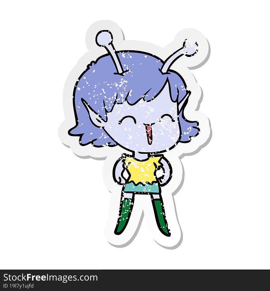 distressed sticker of a cartoon alien girl laughing