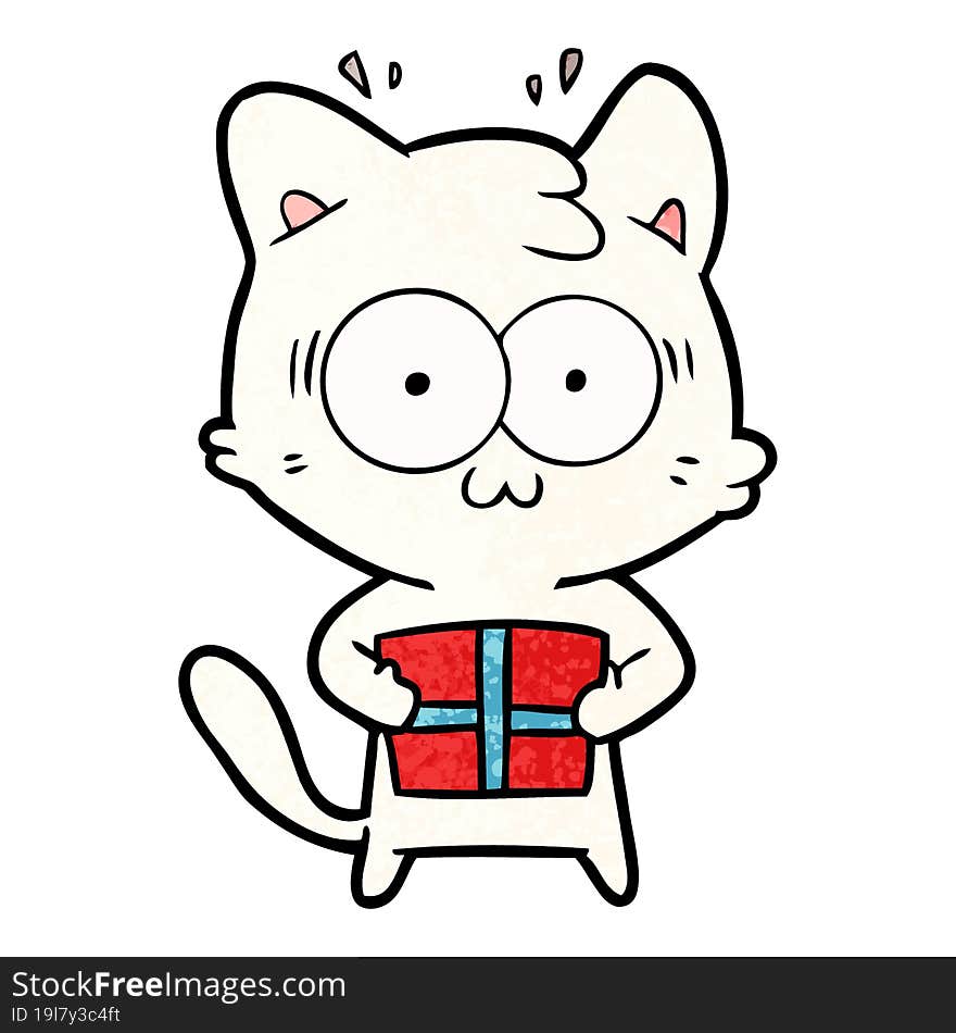 cartoon surprised cat with christmas present. cartoon surprised cat with christmas present