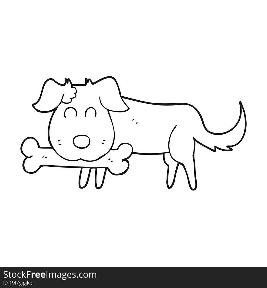 black and white cartoon dog with bone