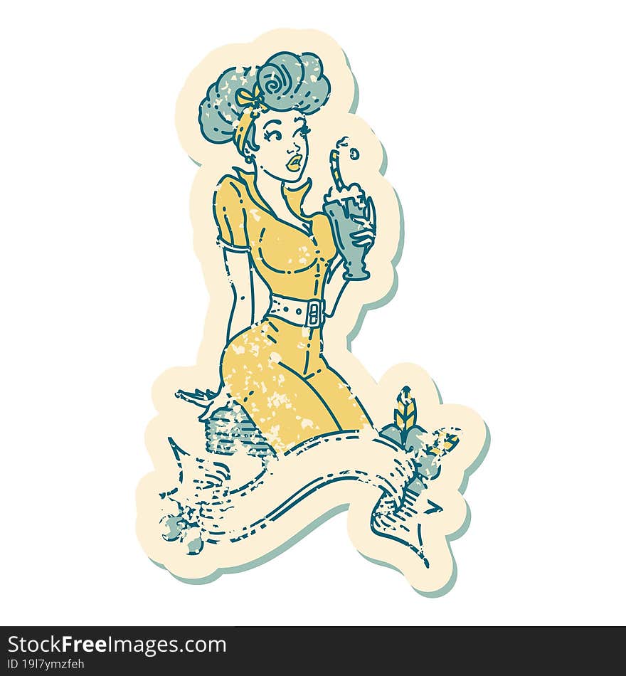 distressed sticker tattoo style icon of a pinup girl drinking a milkshake with banner