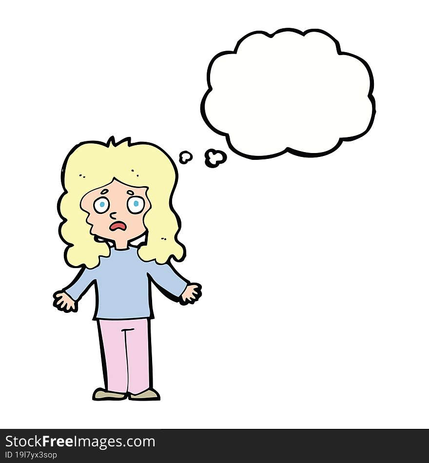 cartoon worried woman with thought bubble