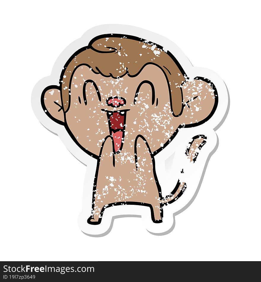 distressed sticker of a cartoon laughing monkey