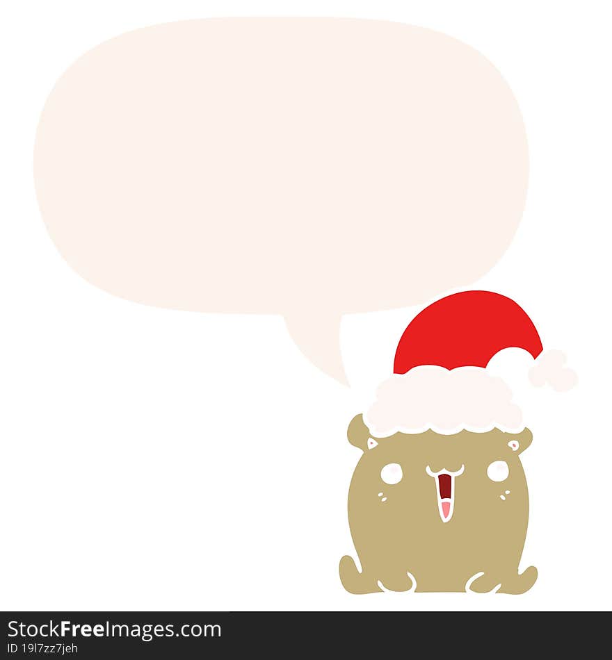 cute cartoon bear and christmas hat and speech bubble in retro style