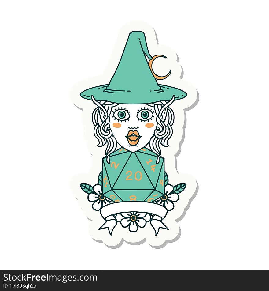 elf mage character with natural twenty dice roll sticker