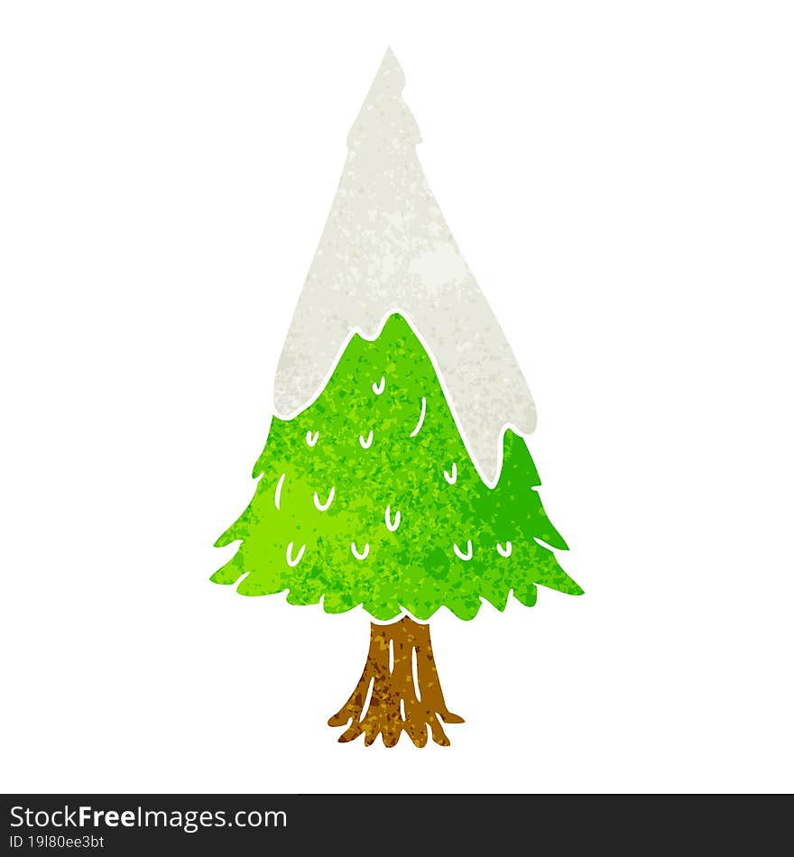 hand drawn retro cartoon doodle single snow covered tree