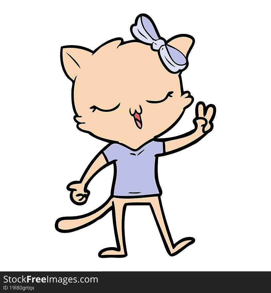 cartoon cat with bow on head giving peace sign. cartoon cat with bow on head giving peace sign