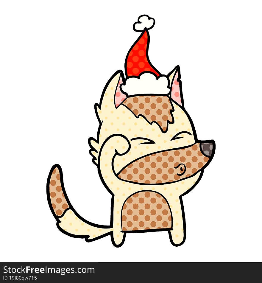 comic book style illustration of a wolf pouting wearing santa hat