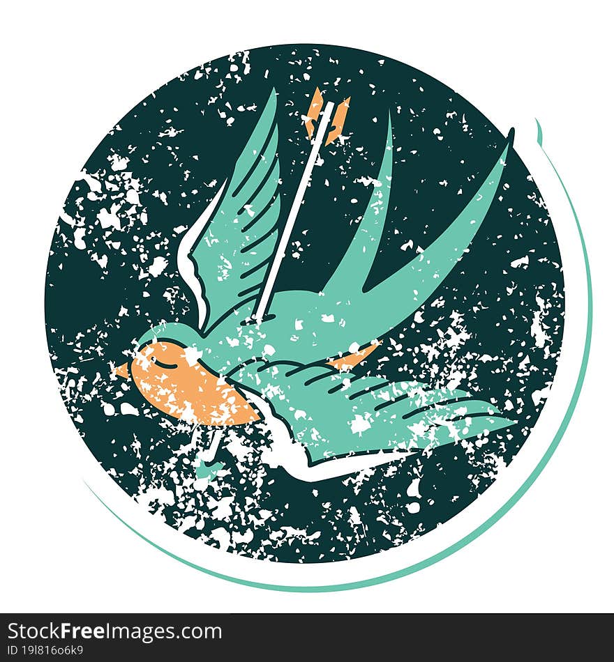 distressed sticker tattoo style icon of a swallow shot through with arrow