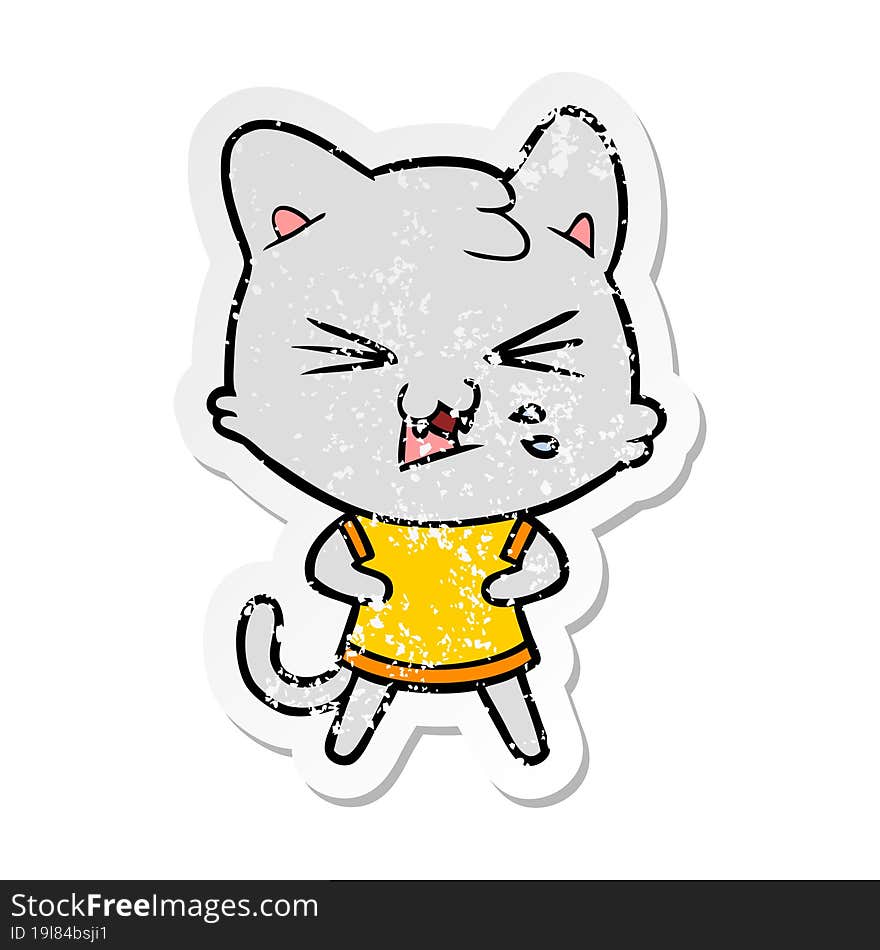 distressed sticker of a cartoon hissing cat