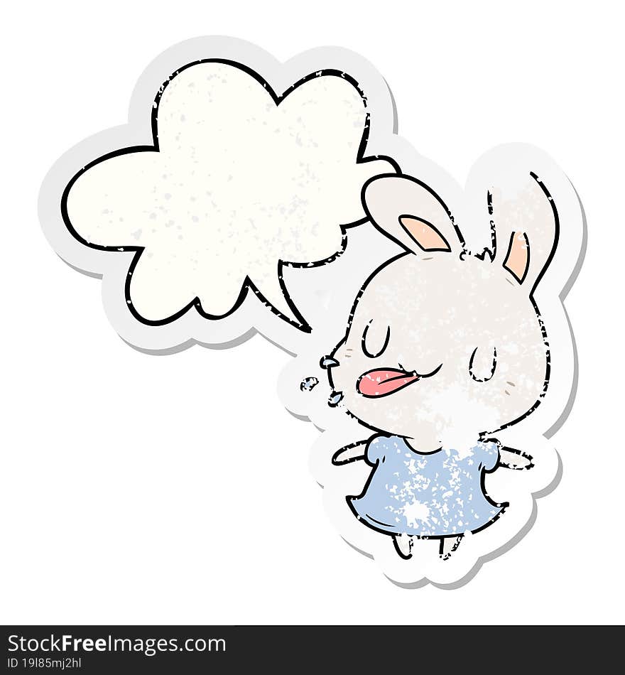 cute cartoon rabbit blowing raspberry with speech bubble distressed distressed old sticker. cute cartoon rabbit blowing raspberry with speech bubble distressed distressed old sticker