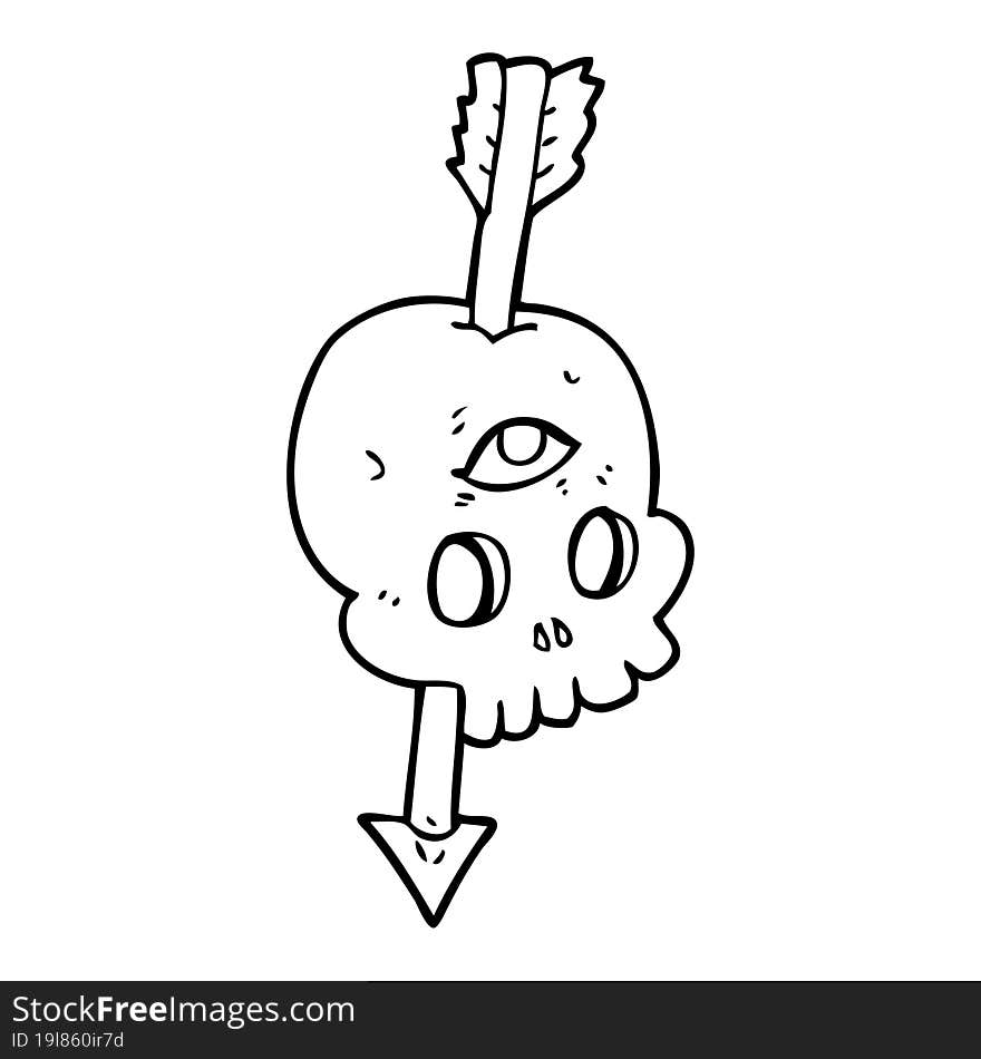 freehand drawn black and white cartoon magic skull with arrow through brain