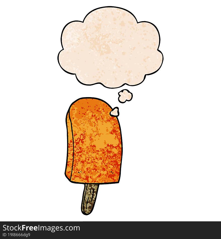 cartoon ice lolly and thought bubble in grunge texture pattern style