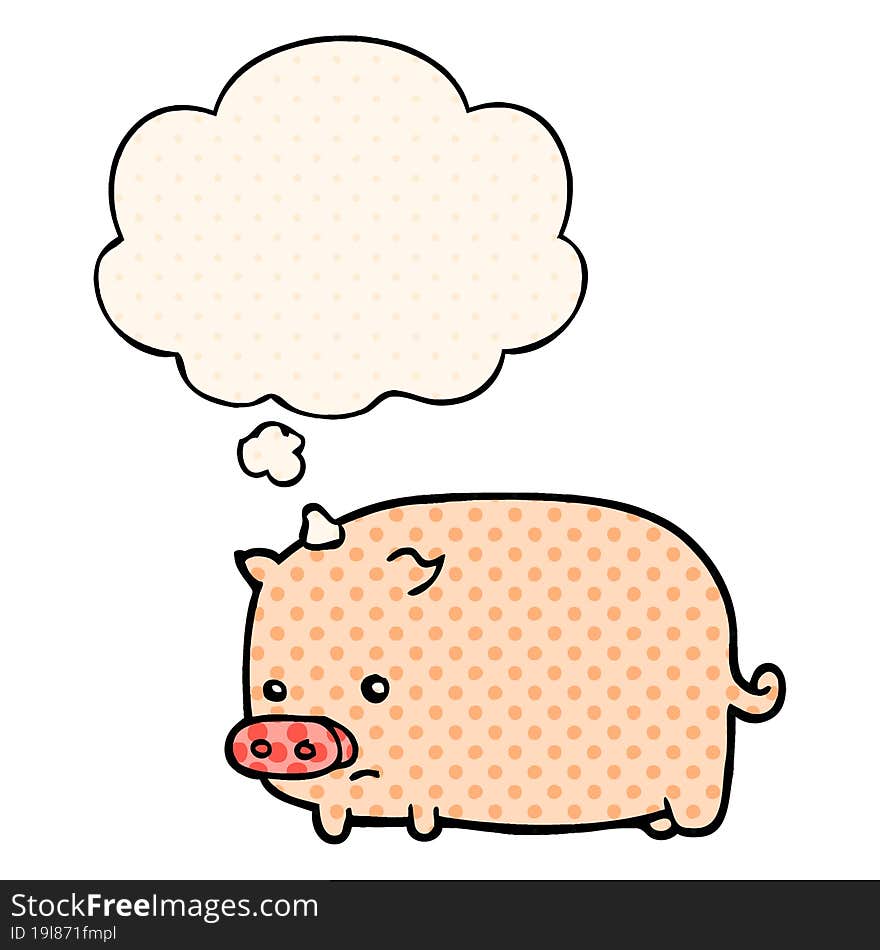 cute cartoon pig and thought bubble in comic book style