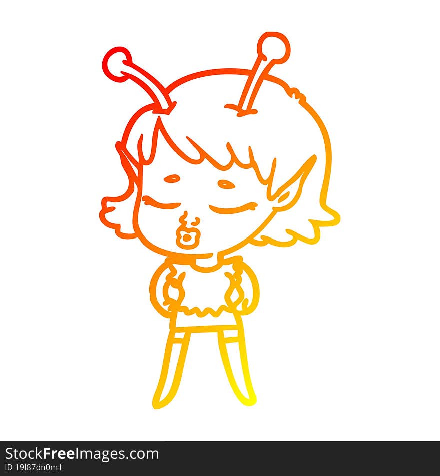 warm gradient line drawing cute alien girl cartoon