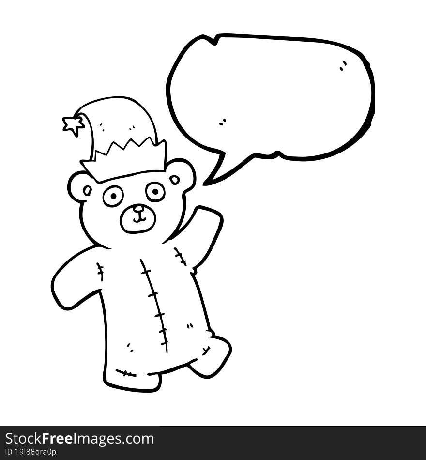 freehand drawn speech bubble cartoon teddy bear wearing christmas hat