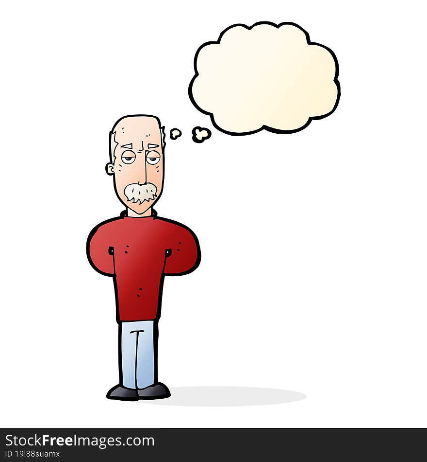 cartoon annoyed balding man with thought bubble