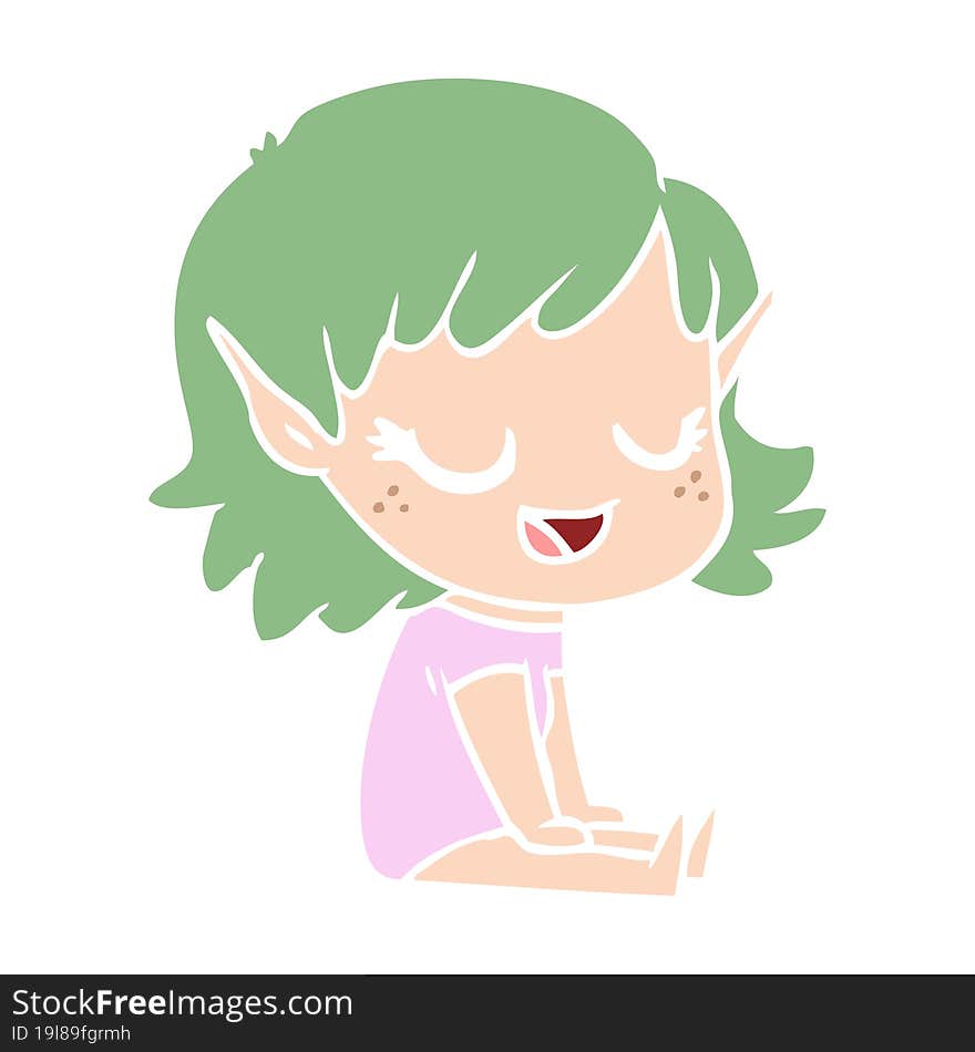 happy flat color style cartoon elf girl sitting on floor