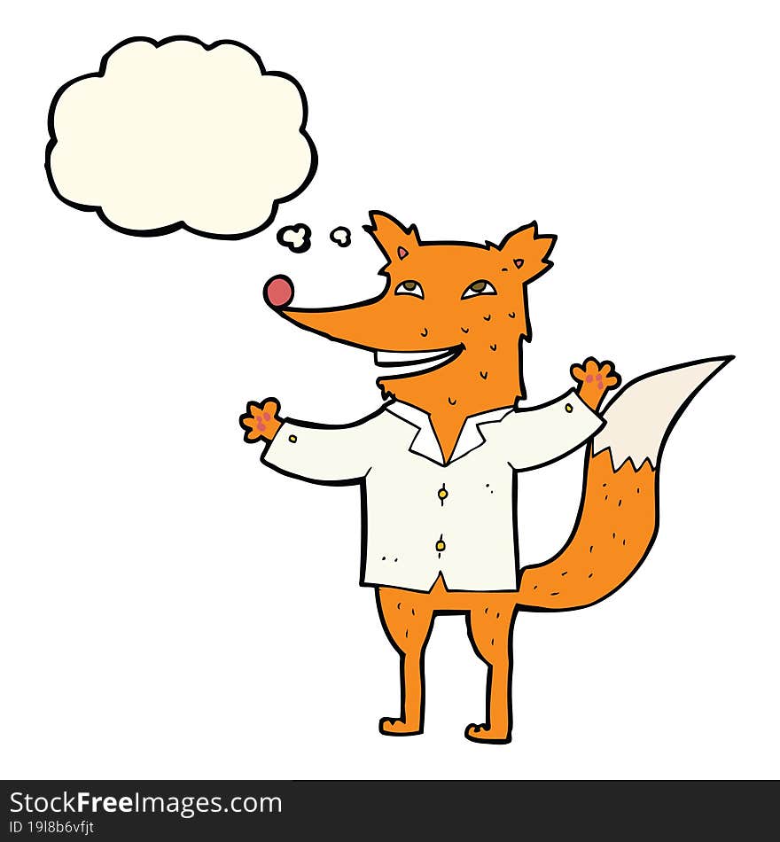 cartoon happy fox wearing shirt with thought bubble