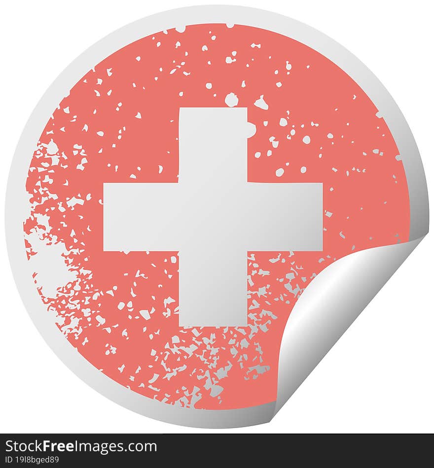distressed circular peeling sticker symbol of a addition symbol